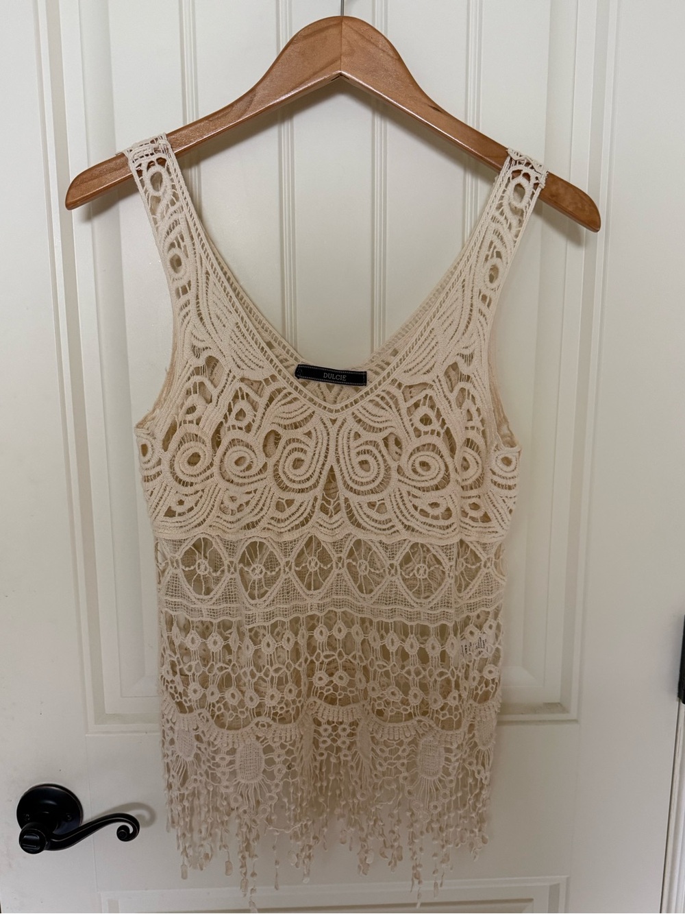 Dulcie Crochet Lace Tank Top | Cream Boho Fringe | Medium